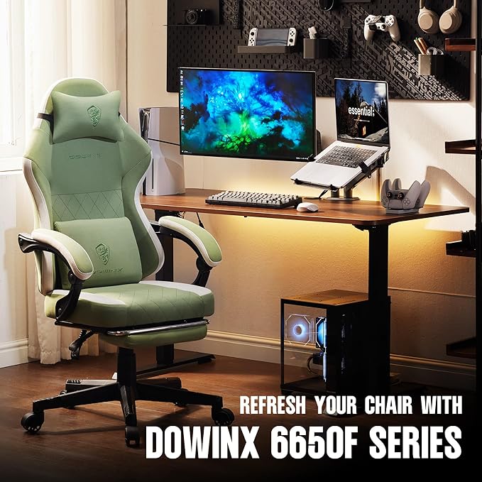 Dowinx Gaming Chair Fabric with Pocket Spring Cushion High Back Ergonomic Computer Chair with Footrest for Adults Massage Lumbar Support Swivel Game Chair for Office Gaming 300LBS Green