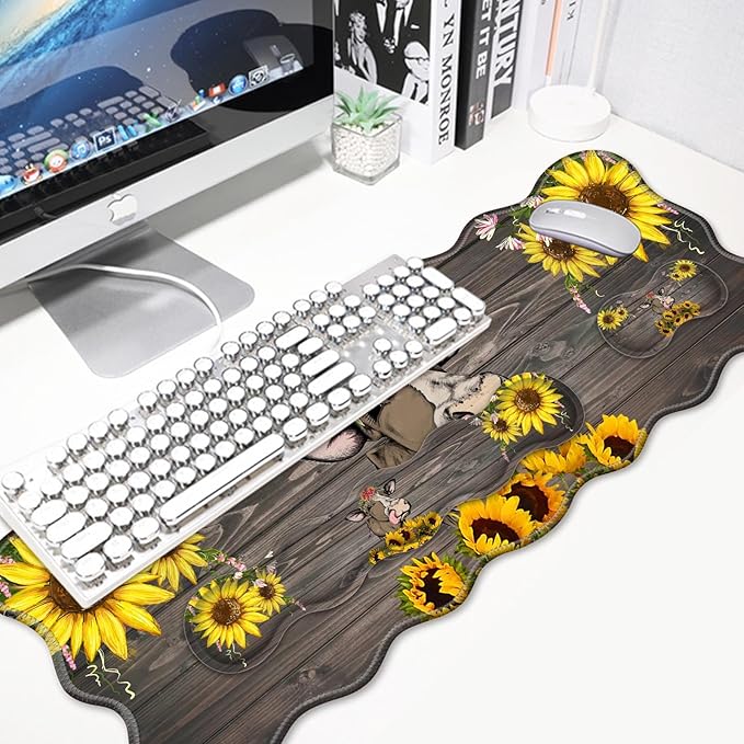 4 in 1 Desk Mat SetMouse Pad with Keyboard Wrist RestWave-Shaped DesignNon-Slip Rubber BaseWaterprooffor HomeOfficeGamingCute Cow and Sunflower
