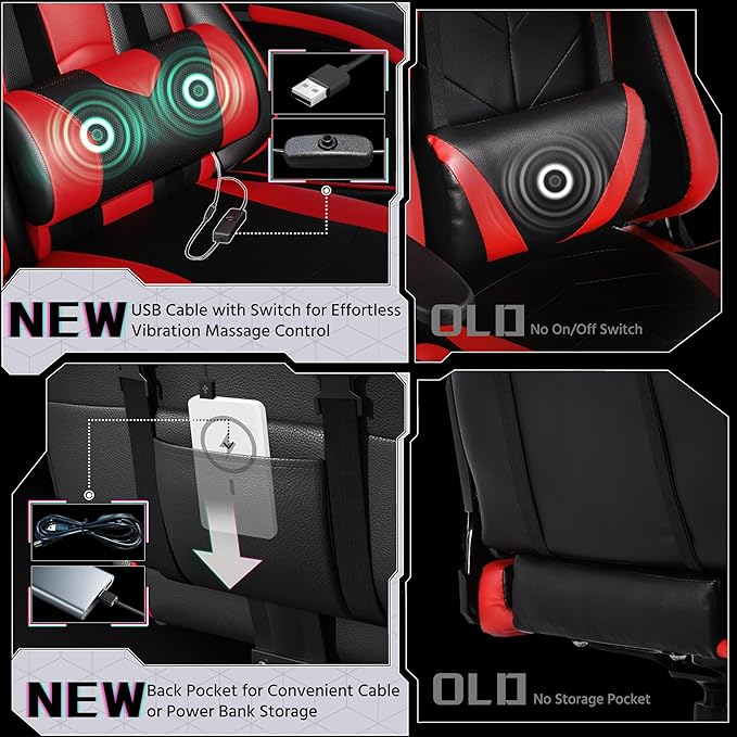 Yaheetech Gaming Chair Video Game Chair with Massage Lumbar Support and Footrest Height Adjustable Ergonomic Computer Chair with Swivel Seat and Headrest Black/Red