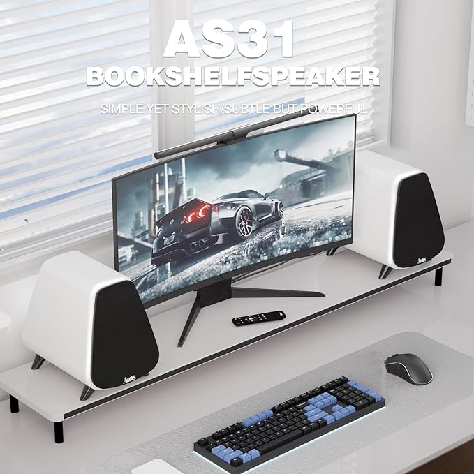 AS31 Active Bookshelf Speakers Bluetooth 5.3 2-Way Stereo PC Desktop 80W RMS/3-inch Bass/Midrange/RCA and Fiber Optic Inputs Wooden Compact High-Power Speakers - Matte Skin White