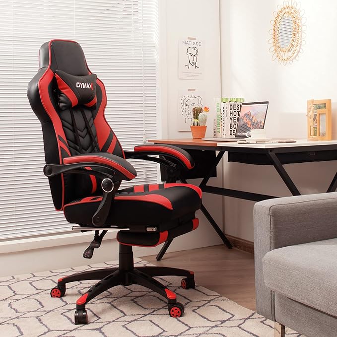 GYMAX Gaming Chair Ergonomic Computer Chair with Footrest Linkage Armrests &amp Lumbar Cushion Big Wide High Back Video Gaming Chair Reclining Office Rolling Chair for Adult/Teens (Red)