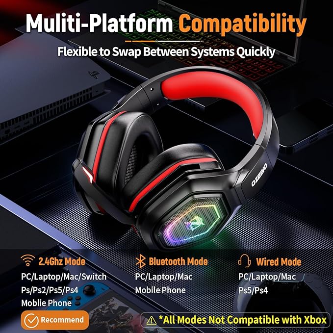 Ozeino 2.4GHz Gaming Headset Wireless with Flip Mic for Ps5 Ps4 PC Gaming Headphones with USB-A &amp USB-C Transmitter 40Hr Battery Gamer Headset for Laptop Mobile Mac