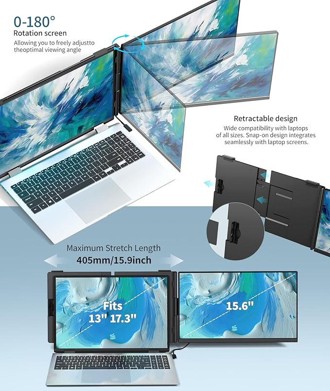 Laptop Screen Extender - 15.6 FHD 1080P Portable Monitor for Laptop Detachable &amp Plug and Play Dual Monitor Extender for 13-17.3 Laptops Compatible with Wins/Mac/Android/Chrome
