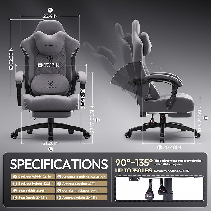 Dowinx Gaming Chair with Heated Massage Lumbar SupportBig and Tall Fabric Gaming Chairs for Adults with Footrest Ergonomic Computer Game Chair with Poket Spring Cushions 350lbs Gray