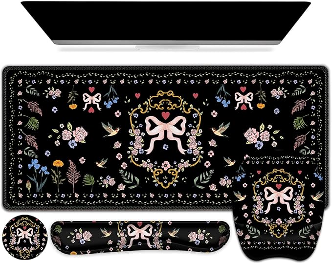 Mouse Pad with Wrist Support 4 in1 Set XXL Big Game Mousepad + Keyboard Wrist Rest + Mouse Wrist Rest Pad +Coaster Gaming Mat for Home Office Work Computer Laptop I Vintage Floral Romantic Bow