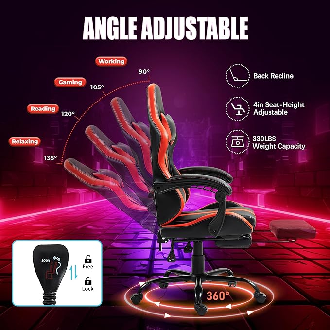 Massage Gaming Chair w/Footrest Ergonomic High Back PC Chair w/Headrest and Lumbar PU Swivel Home Desk Office Chair Red