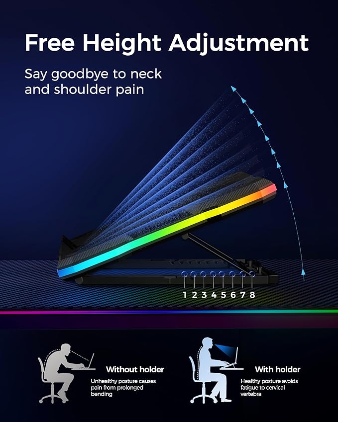 ChillCore Laptop Cooling Pad RGB Lights Laptop Cooler 9 Fans for 15.6-19.3 Inch Laptops Gaming Laptop Fan Cooling Pad with 8 Height Stands 2 USB Ports - A21 Blue