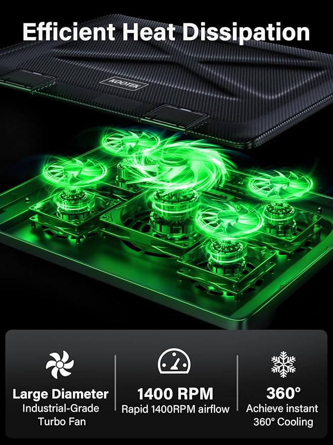 Kootek Laptop Cooling Pad Laptop Cooler with 5 Quiet Fans for 12-17 Computer PC Notebook Gaming Laptop Fan Height Adjustable Laptop Cooling Stand Laptop Accessories Green