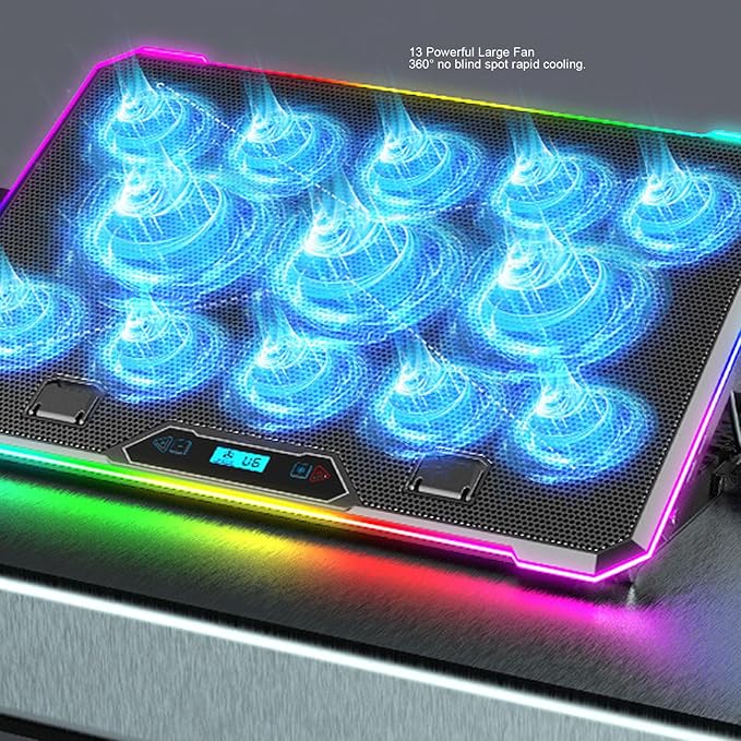 Gaming Laptop Cooling Pad Powerful 10 Fans Speed RGB Lights for 12-19 Inch Laptop ABS Aluminum Alloy Material (13 Fans)