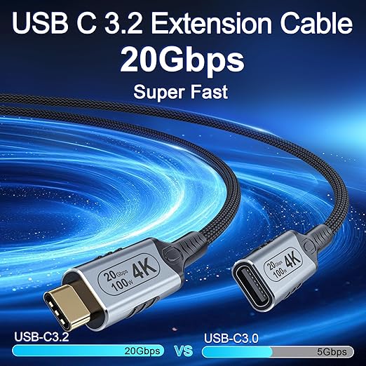 USB c Extension Cable 16.5ft/5MUSB 3.2 Extension Cable Long USB c Extension Cable 20gbps100w USB-c Extension Cable PD Fast ChargingMale to Female 4k Video Extender Braided Data Cord