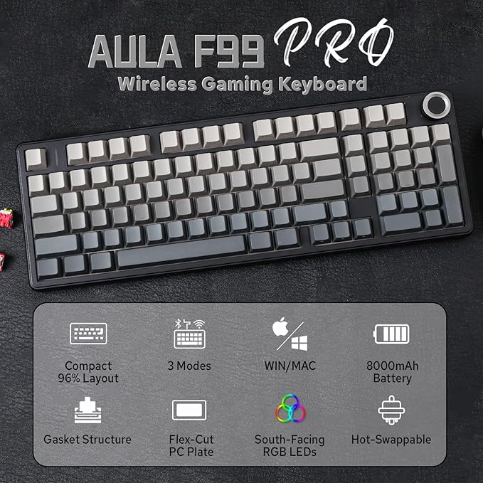 MechLands Aula F99 PRO 96% Mechanical Gaming Keyboard BT5.0/USB-C/2.4GHz Wireless Hot Swappable Gasket Custom Keyboard with 8000mAH Battery Rotary Knob RGB Backlit for Win/Mac (Grey)