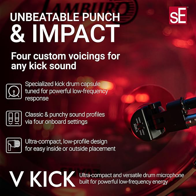 SE ELECTRONICS V Kick Drum Mic - Compact Dynamic Supercardioid Drum Microphone for Kicks with 4 Sound Settings &amp Adjustable Swivel Mount for Precise Positioning - Perfect for Studio &amp Live Use