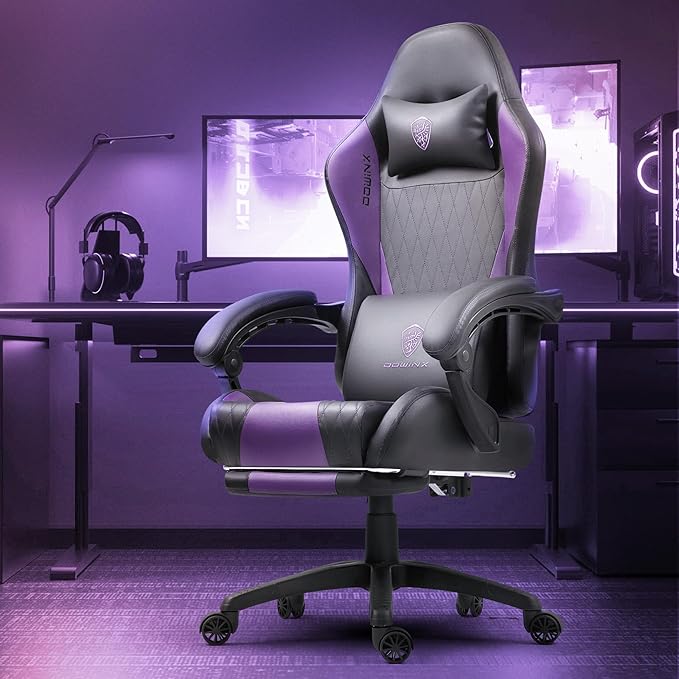 Dowinx Gaming Chair with Massage Lumbar Support and Footrest Gaming Chairs for Adults Ergonomic Computer Chair High Back with Pocket Spring Cushion Swivel Recliner with Headrest Purple