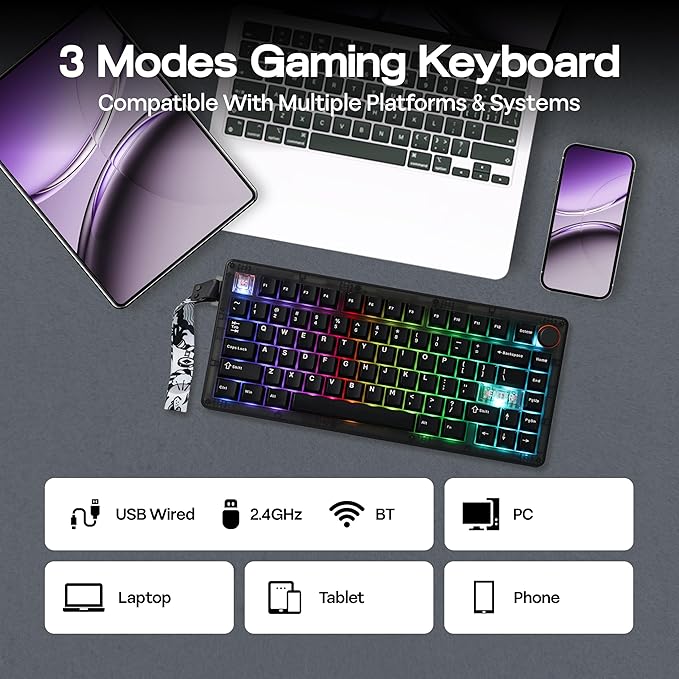 MechLands CIDOO QK75 VIA Programmable 75% Compact Keyboard USB-C/BT5.0/2.4Ghz Wireless Hot Swappable Custom Mechanical Keyboard with Gasket Mounted PC Plate 4000mAh Battery for Win/Mac (Black)