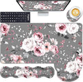 Mouse PadLarge Pink Desk Mat 4in1 XXL Mousepad + Keyboard Wrist Rest+Mouse Wrist Rest+Coaster Set with Ergonomic Desk Pad for Home Office Table Computer-Gray Rose Floral