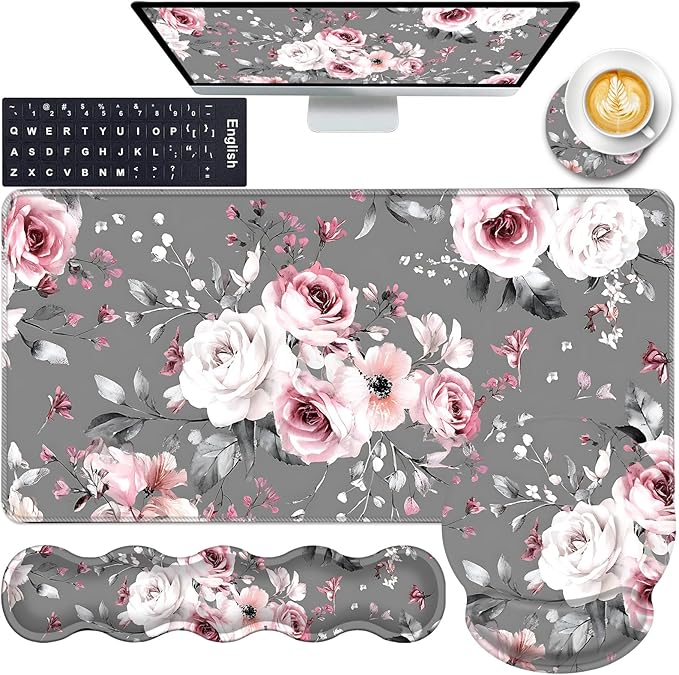 Mouse PadLarge Pink Desk Mat 4in1 XXL Mousepad + Keyboard Wrist Rest+Mouse Wrist Rest+Coaster Set with Ergonomic Desk Pad for Home Office Table Computer-Gray Rose Floral