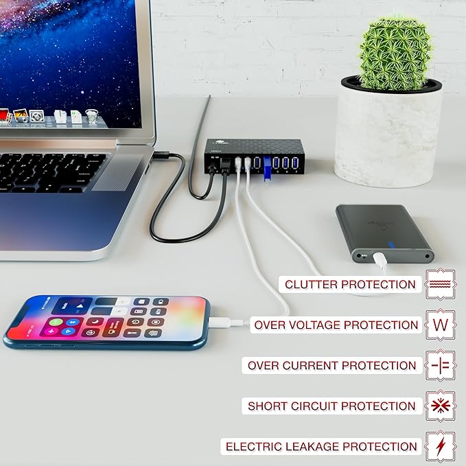 7 Port USB 3.0 Hub - Powered USB Hub –Multiple USB Splitter with Built-in 12V/3A/36W Power Adapter - Up to 5Gbps Sync &amp High-Speed Data Transfer - Mounting Brackets for Phone MB Laptop Tablet PC