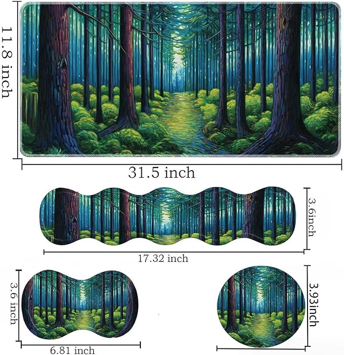 Keyboard Mouse Pad SetLarge Desk Pad+Keyboard Wrist Rest+Mouse Pad Wrist Support+CoasterEasy Typing Pain Relief Non-Slip Mousepad Wrist Support Mousepad Set Home OfficeVan Gogh Forest