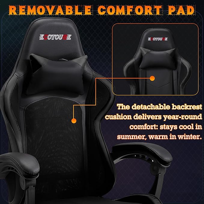ECOTOUGE Ergonomic Gaming Chair Video Game Chair with Removable Back Cushion Gamer Chair with Massage Lumbar Pillow &amp Footrest Computer Office Gaming Chair with Reclining Backrest Black