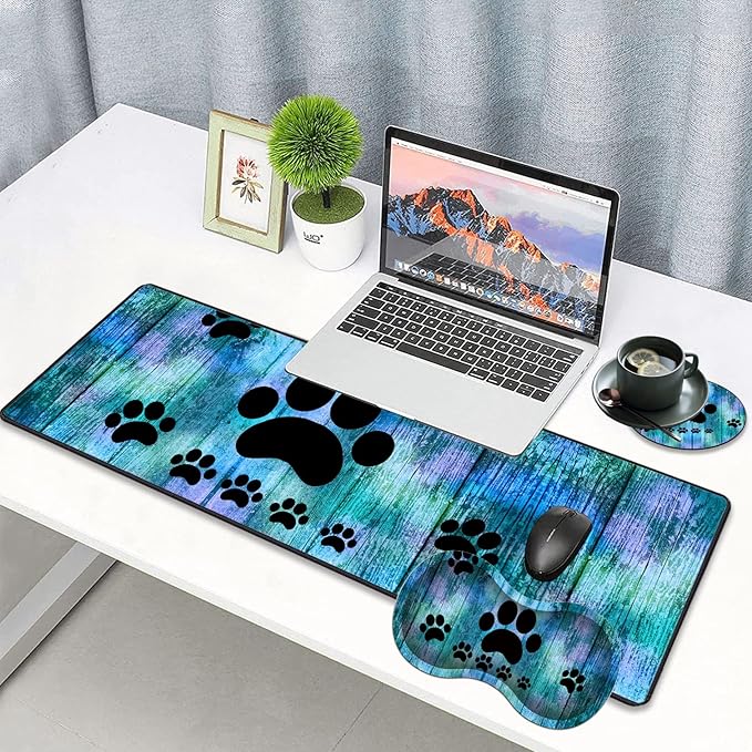 3 Piece Mouse Pad Set with Stitched Edge Large Anti-Slip Mouse Pad Desk Pad Keyboard Pad + Wrist Rest Pad + Coaster Memory Foam Wrist Rest for Office/Home -Antique Blue Wood Grain Dog Paw