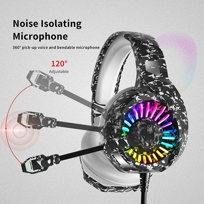 ZIUMIER Camo Gaming Headset for PS4 PS5 Xbox One PC Laptop Mac Switch 3.5MM Wired Gaming Headphones with Microphone Bass Surround LED Light Camouflage