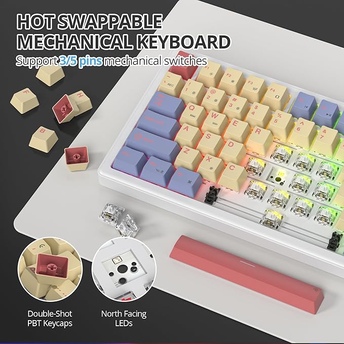75% Cotton Candy Creamy Mechanical Keyboard Wired Creamy Sound Gasket Gaming Thocky Keyboard with Knob Hot Swappable RGB Custom Keyboard Pre-lubed Cream Switch Keyboard (82 Candyfloss)