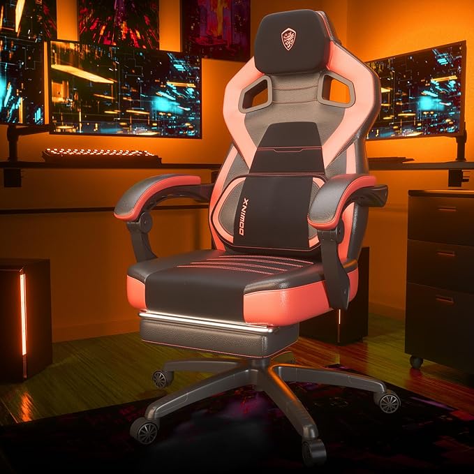 Dowinx Big and Tall Gaming Chair Red Modern High Back PU Leather Steel Frame Ergonomic Adjustable Headrest Footrest Massage Lumbar Support