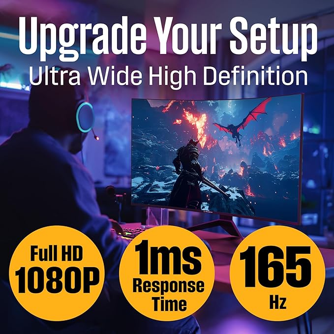 Westinghouse 24 Inch Curved Full HD Gaming Monitor 165Hz AMD FreeSync Support Low Motion Blur 1500R Curve 1920 x 1080 for PC Games with Built in Speakers DisplayPort HDMI