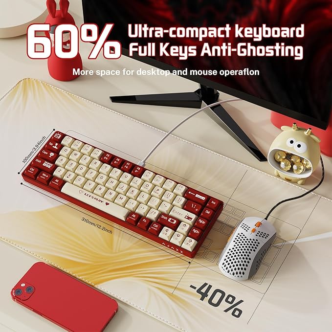 AJAZZ AK680 Mechanical Gaming Keyboard and mouse Combo Hot-Swappable PBT Keycaps RGB Backlit Full Keys Programmable Anti-Ghosting USB-C Wired 60% Ultra-Compact Mini Wired Keyboard for Windows PC Mac R