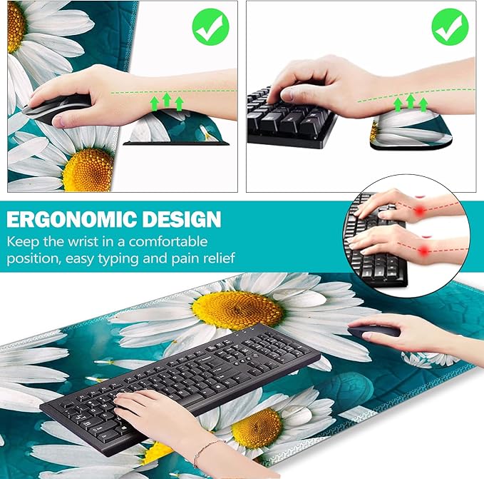 ARTSO Large Gaming Mouse Pad Set Keyboard Wrist Rest Support + Mouse Wrist Cushion + Extended Mousepad + Coaster 35x15.5in Multifunctional Desk Mat 4pcs Cute Daisy