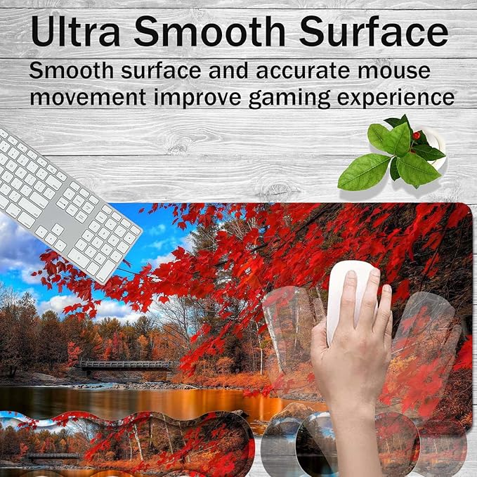 Gaming Mouse Pad Set Large Gaming Mouse Pad+Keyboard Wrist Rest+Mouse Wrist Rest+Coaster Easy Typing Pain Relief 31.5 × 11.8 inch Desk Mat for Home Office Red Maple Lake