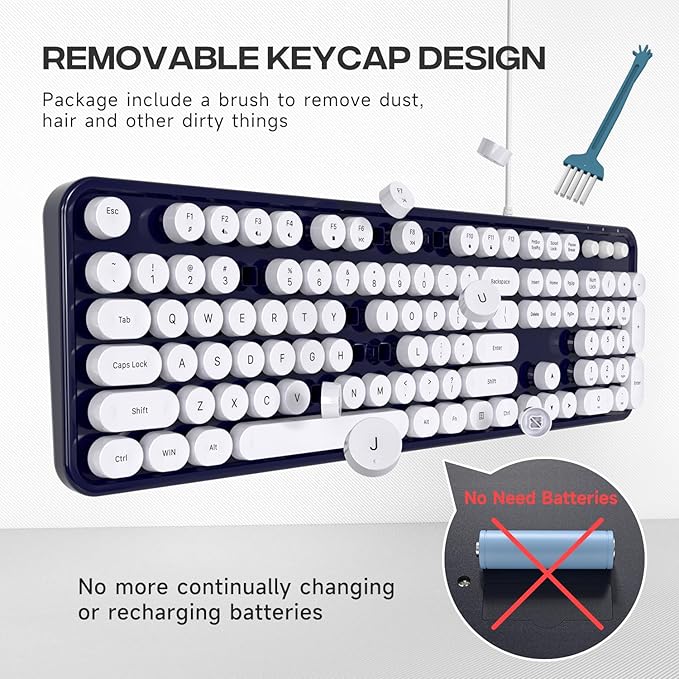 Computer Keyboard Wired Plug Play USB Retro Round Typewriter Keyboard Full Size Wired Keyboard with Foldable Stands for Laptop and Office PC