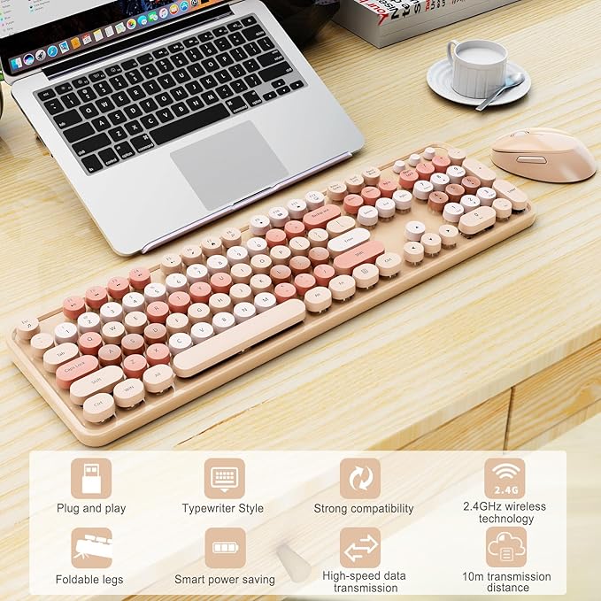 Wireless Keyboard and Mouse Full-Size Typewriter Keyboard with Retro Round Keycaps Ergonomic Design Compatible with Windows PCs Ideal for Home and Office. (Milk Tea)