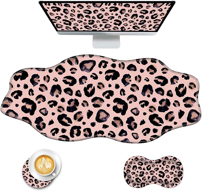 Mouse Pad with Wrist Support + Desk Mat + Coaster 3 in 1 Set XXL Large Gaming Mousepad Ergonomic Mouse Pads for Desk Computer Laptop OfficeCute Leopard