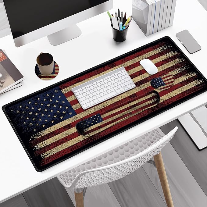 Desk Mat Pad Gaming Mouse Pad Wrist Support Set 4 in1 Non-Slip XXL Large Mousepad + Ergonomic Keyboard Wrist Rest+Mouse Wrist Rest+Coaster for Home Office PC Computer I Vintage American Flag