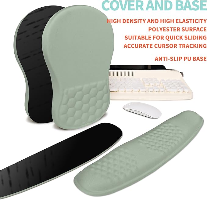 2-in-1 Ergonomic Set Wave Rise Keyboard Wrist Rest and Massage Bulge Slope Mouse Pad Wrist Support Cushion Memory Foam Integrated to Relieve Wrist Pain Light Green