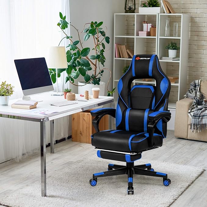 POWERSTONE Gaming Chair Adjustable High Back PU Computer Chair with Footrest Massage Lumbar Support Headrest Thick Armrest Rolling Swivel Desk Chair Navy Blue
