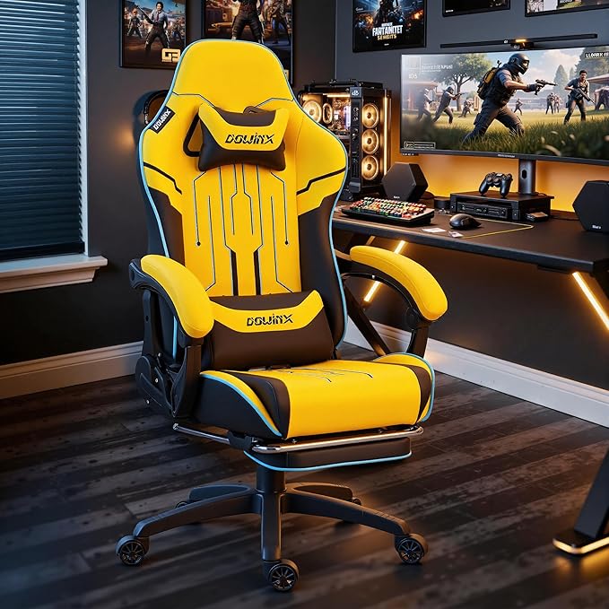 Dowinx Gaming Chair Big and Tall 350LBS Heavy Duty PC Gaming Chair with Massage &amp Footrest Ergonomic Reclining Gamer Chair with Embroidered Esports Design Yellow
