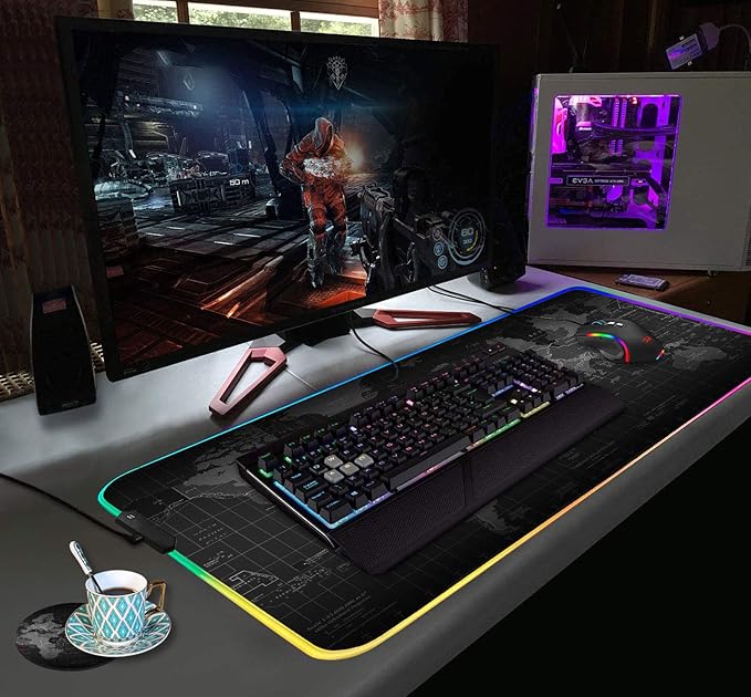 RGB Gaming Mouse Pad with Coffee Coaster XXL Large Glowing LED Mousepad Anti-Slip Rubber Base Computer Keyboard Desk Mouse Mat 31.5 X 11.8 Inch - World Map Pattern