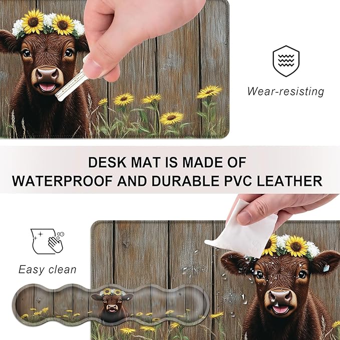 Mouse PadLarge Desk Mat Set 4in1 XL Mousepad + Keyboard Wrist Rest+Mouse Wrist Rest+Coaster with Ergonomic Desk Pad for Home Office Table Computer Cover -Calf with Sunflower Crown
