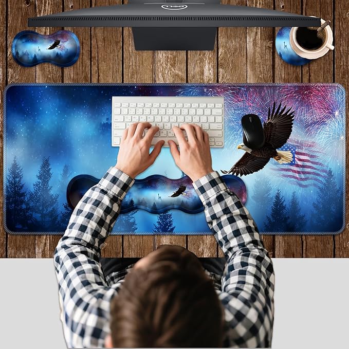Ergonomic Keyboard Wrist Rest &amp Mouse Pad Wrist Rest SetXL Gaming Desk Mat 31.5x 11.8Non-Slip BaseMemory FoamEasy Typing Pain Relief for Office &amp HomeEagle US Flag Fireworks