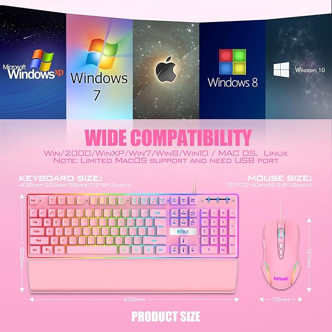 RedThunder K10 Wired Gaming Keyboard and Mouse and Wrist Rest Combo RGB Backlit Mechanical Feel Anti-ghosting Keyboard + 7D 7200 DPI Mice+Soft Leather Wrist Rest 3 in 1 PC Gamer Accessories(Pink)