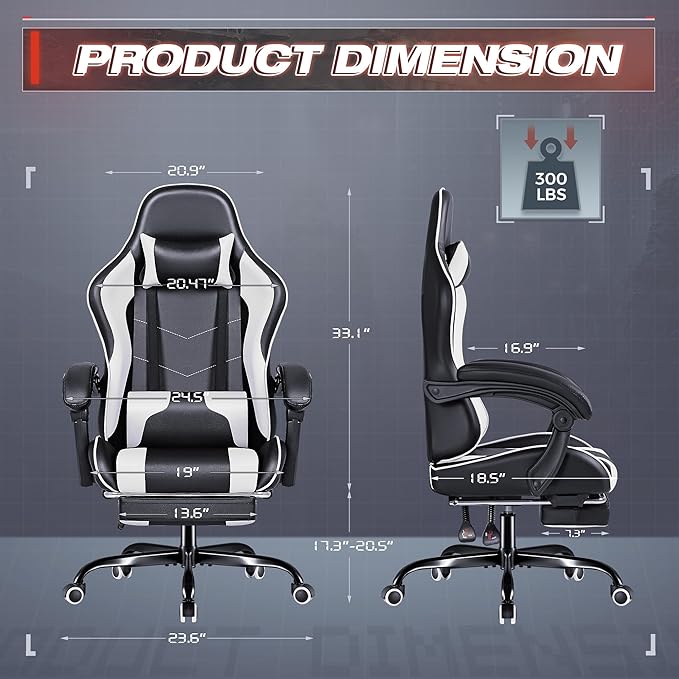 Furmax Gaming Chair Video Game Chair with Footrest and Massage Lumbar Support Swivel Seat Height Adjustable Computer Chair with Headrest Racing E-Sport Gamer Chair (White)