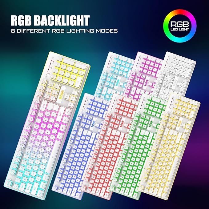 RedThunder K10 Wireless Gaming Keyboard and Mouse Combo RGB Backlit Rechargeable 3800mAh Battery Mechanical Feel Anti-ghosting Keyboard + 7D 3200DPI Mice for PC Gamer(White Pudding)