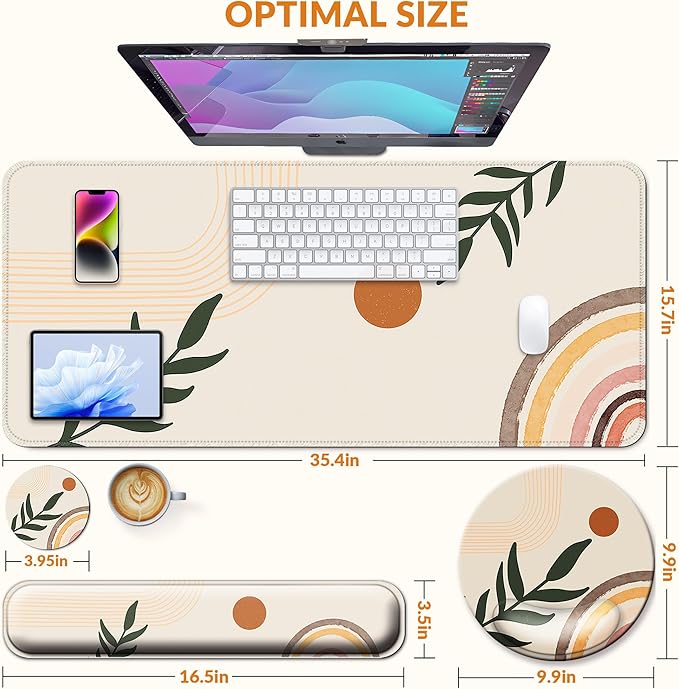 Desk Mat Set + Keyboard and Mouse Pad with Wrist Rest Support4-in-1 Large Mousepad Computer Mats for Desktop Home &amp Office-Boho Leaves