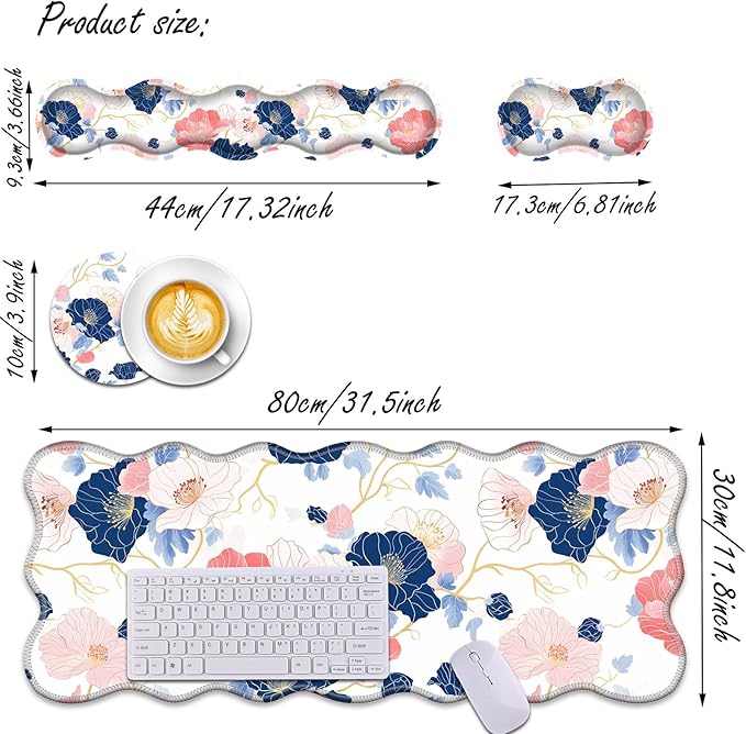Bxgolkgd Desk Mat SetMouse Pad with Keyboard Wrist Rest &amp Mouse Wrist RestWave-Shaped DesignNon-Slip Rubber BaseErgonomic Desk Mat for HomeOfficeGamingAbstract Flowers