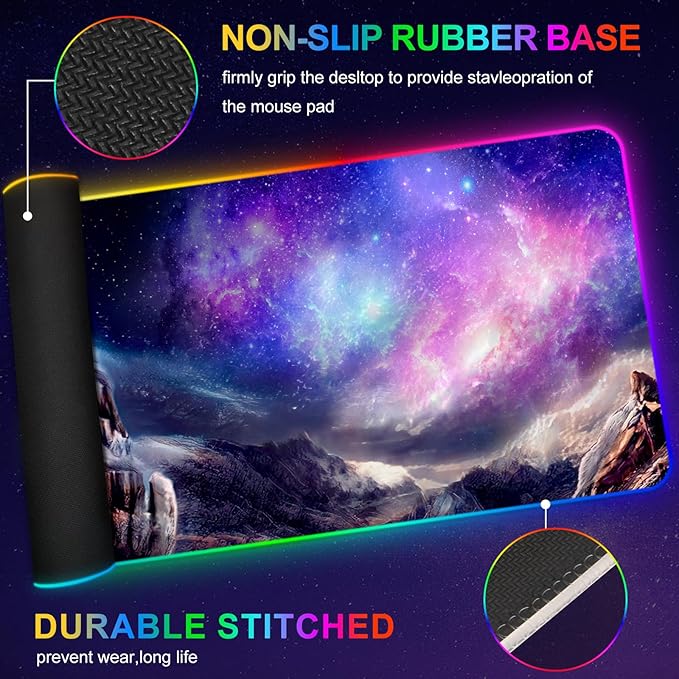 ARTSO RGB Gaming Mouse Pad Large Extended Soft Led Mouse Pad with 14 Lighting Modes 2 Brightness Water Resist Keyboard Pad Computer Mousepads Mat 35.4x15.7inch Starry Mountains
