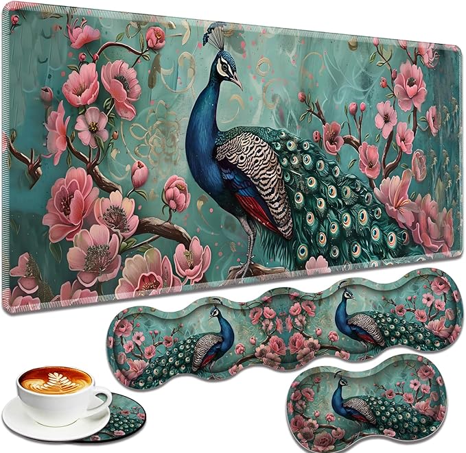 Large Gaming Mouse Pad + Keyboard Wrist Rest + Wrist Support + Coaster Set Memory Foam Ergonomic for Easy Typing XXL Extended Gaming Mouse Pad Table Pad - Peacock