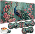 Large Gaming Mouse Pad + Keyboard Wrist Rest + Wrist Support + Coaster Set Memory Foam Ergonomic for Easy Typing XXL Extended Gaming Mouse Pad Table Pad - Peacock