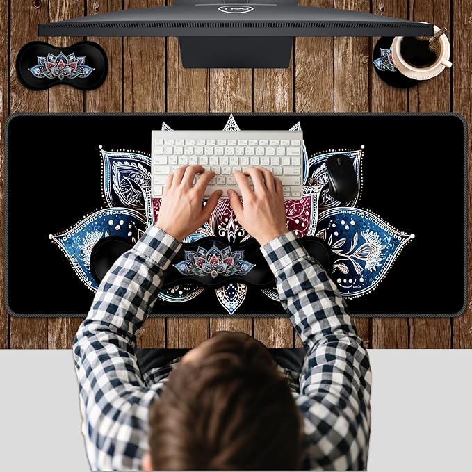 Ergonomic Keyboard Wrist Rest &amp Mouse Pad Wrist Rest SetXL Gaming Desk Mat 31.5x 11.8Non-Slip BaseMemory FoamEasy Typing Pain Relief for Office &amp HomeBlue and Red Lotus